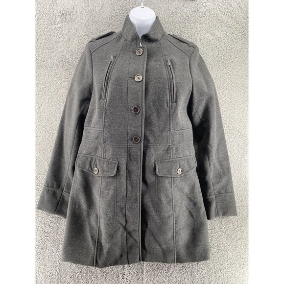 H&M Womens Jacket Coat Gray Knee Length Buttons Lined Pockets Mock Neck 12 New - Picture 1 of 10